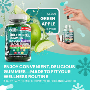 Sea Moss Gummies | Clinically Tested - Black Seed Oil Ashwagandha Elderberry Burdock Root Chlorella Manuka Honey - Vegan Irish Sea Moss Gummy Vitamins for Adults Kids Men Women - Green Apple Flavor