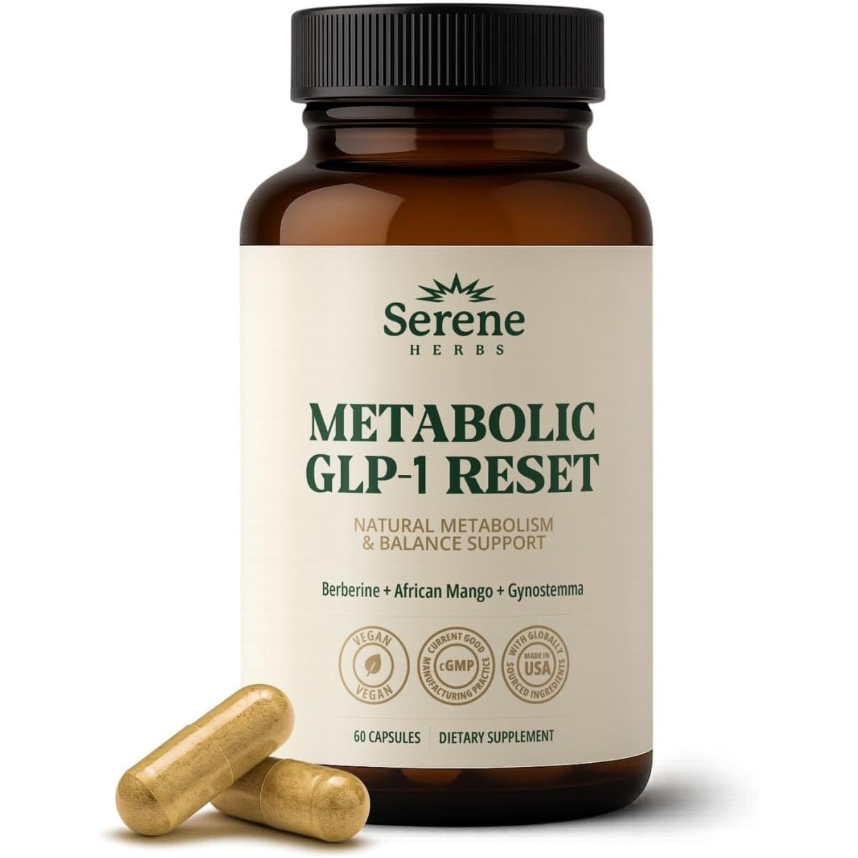 Serene Herbs GLP-1 Supplement for Women & Men - Metabolic Reset, Hunger Support with Berberine, Innoslim, Actiponin - Natural GLP1 Booster to Support Appetite, Gut & Digestion - Vegan - 60 Capsules