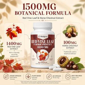 Red Vine Leaf & Horse Chestnut Extract Capsule Supplements (Vitis Vinifera) 1500Mg -Premium Extract for Healthy Veins, Circulation, Heart, Skin (1 Pack)