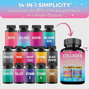 Collagen Supplement - Types I, II, III, V & X, MCG Biotin, Keratin, Hyaluronic Acid, Zinc, Grape Seed Extract, Quercetin, Vitamin A, Vitamin C, Vitamin E, Magnesium, Folic Acid(90 Capsules)