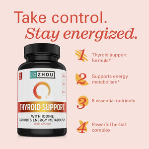ZHOU Thyroid Support - Thyroid Supplement for Women & Men with Zinc, Iodine, & Selenium, Cellular Energy Thyroid Complex with Ashwagandha, Kelp - 60 Veggie Capsules (Pack of 1)