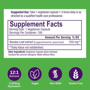 Paradise Herbs, Banaba Leaf, 12:1 Concentrated Extract, 250 Mg, Vegan, Gluten-Free, Non-Gmo, 180 Capsules