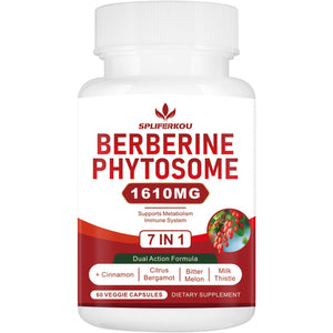7-In-1 Berberine Phytosome with Ceylon Cinnamon, Berberine Complex Supports Metabolic, Liver Function and Immune System, Non-Gmo - 60 Capsules