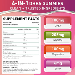 DHEA Gummies, DHEA Supplements for Women, DHEA 100Mg 50Mg Chewable with Boron, Inositol and Magnesium, Pro-Aging, Ovarian Support, Sleep Support, Vegan, 60 Counts
