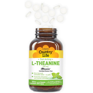 Country Life L-Theanine Fast-Acting 100Mg, 60 Chewable Tablets, Mint- Flavored, Certified Gluten Free, Certified Vegan