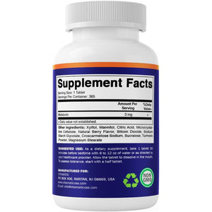 Vitamatic Melatonin 3Mg Tablets | Vegetarian, Non-Gmo, Gluten Free | 1 Year Supply | Natural Berry Flavor - 365 Tablets