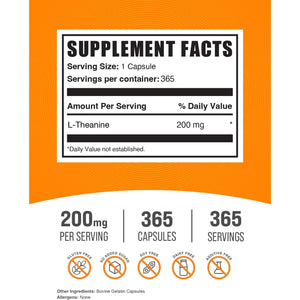 Bulksupplements.Com L-Theanine Capsules - L-Theanine Supplement, L-Theanine 200Mg, Theanine Pills - Amino Amino Supplement, Gluten Free - 1 Theanine Capsule per Serving, 365 Capsules