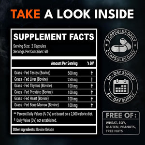 Beef Organ Complex Capsules for Men - New Zealand and Grass Fed Finished Bull Supplement, Freeze Dried and Non-Gmo Bovine Testes, Liver, Thymus, Heart, Bone Marrow - 2-Month Supply