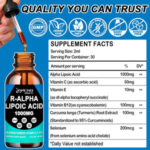 Alpha Lipoic Acid Liquid Drops 1000Mg with Stabilized R-ALA, Antioxidant Supplement for Metabolism, Nerve & Brain Health, Anti-Aging, Fast Acting Liquid Alpha-Lipoic Acid than Capsules Gummies丨 Vegan