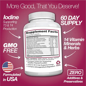 Thyroid Support Supplement with Iodine |120 Capsules to Help Body Mass & Improve Energy, Cardiovascular, Energy & Focus Formula | 14 Natural Vitamins