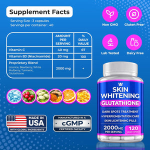 Glutathione Whitening Pills - 120 Capsules 2000Mg Glutathione - Effective Skin Lightening Supplement - Dark Spots, Melasma & Acne Scar Remover, Hyperpigmentation Treatment - Anti-Aging Antioxidant