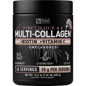 Zeal Naturals Multi Collagen Protein Peptides Powder Types I II III V X - Vitamin C, Biotin & Hyaluronic Acid - Hair, Skin & Nails - Marine, Bovine, Chicken & Eggshell - Unflavored, 45 Servings