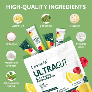 Ultragut GLP-1 Booster Fiber Mix Drink, Cortisol Reducer & Sleep Aid, for Weight Loss & Gut Health - with Prebiotics, Magnesium Glycinate, L-Theanine, Ashwagandha, Vitamin D, No Sugar, 30 Servings