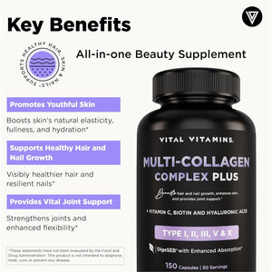 Vital Vitamins Multi Collagen Complex plus - with Biotin, Hyaluronic Acid, Vitamin C - Type I, II, III, V, X - for Women & Men - Hair, Skin, Nails Beauty Complex - 150 Capsules