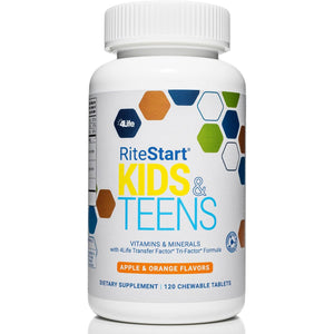 4Life Ritestart Kids and Teens- Apple, Orange Flavors, 22 Essential Vitamins, Minerals, Immune System and Brain Support Ages 2+ - 120 Chewable Tablets