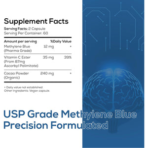 Methylene Blue Pharmaceutical Grade Capsules, 120 Count, 2 Month Supply for Focus & Cognitive Support for Adults - Third Party Tested and Made in USA