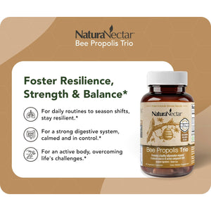 Naturanectar - Bee Propolis Trio Capsules, NSF Certified Premium Brazilian Propolis - Gluten-Free Supplements with More Diverse Flavonoids & PWE - Naturally Sourced through Ethical Beekeeping (60Pcs.)