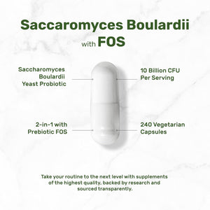 Saccharomyces Boulardii Probiotics + FOS Supplement, 10 Billion CFU, 240 Veggie Capsules – Probiotic & Prebiotic for Women & Men – Gut, Immune & Digestive Health Support – Non-Gmo