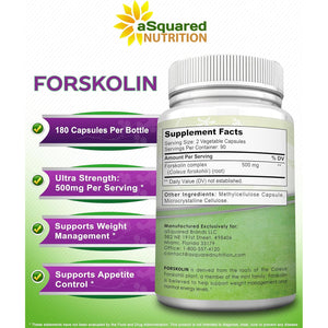 Asquared Nutrition Forskolin 500Mg per Serving Max Strength-180 Capsules, Supplement for Pure Weight Loss Fuel, Coleus Forskohlii Root - Forskolin Diet Pills, Belly Buster Fat Burner 2X Slim Trim Lose