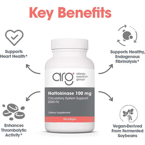 Allergy Research Group ARG Nattokinase 100 Mg - Supplement to Support Healthy Circulation - Delivers 100 Mg Nattokinase NSK-SD from Fermented Soybeans per Serving - 180 Servings - 180 Capsules