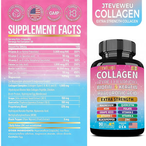 Collagen Supplement - Types I, II, III, V & X, MCG Biotin, Keratin, Hyaluronic Acid, Zinc, Grape Seed Extract, Quercetin, Vitamin A, Vitamin C, Vitamin E, Magnesium, Folic Acid(90 Capsules)