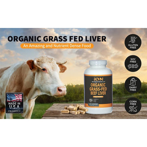 100% Organic Grass Fed Beef Liver Capsules (180 Caps) - Pasture Raised - Iron, Vitamin A, B, Collagen - Promotes Energy, Detoxification, Whole Body Wellness - Ancestral Paleo Living - Ion Supplements