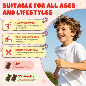 Appetite Booster Gummies for Kids Adults: Picky Eater Vitamins Support Eat More Height Growth Gut Health & Nutritional Balance with Bromelain Hawthorn Zinc, Sugar Free 60CT