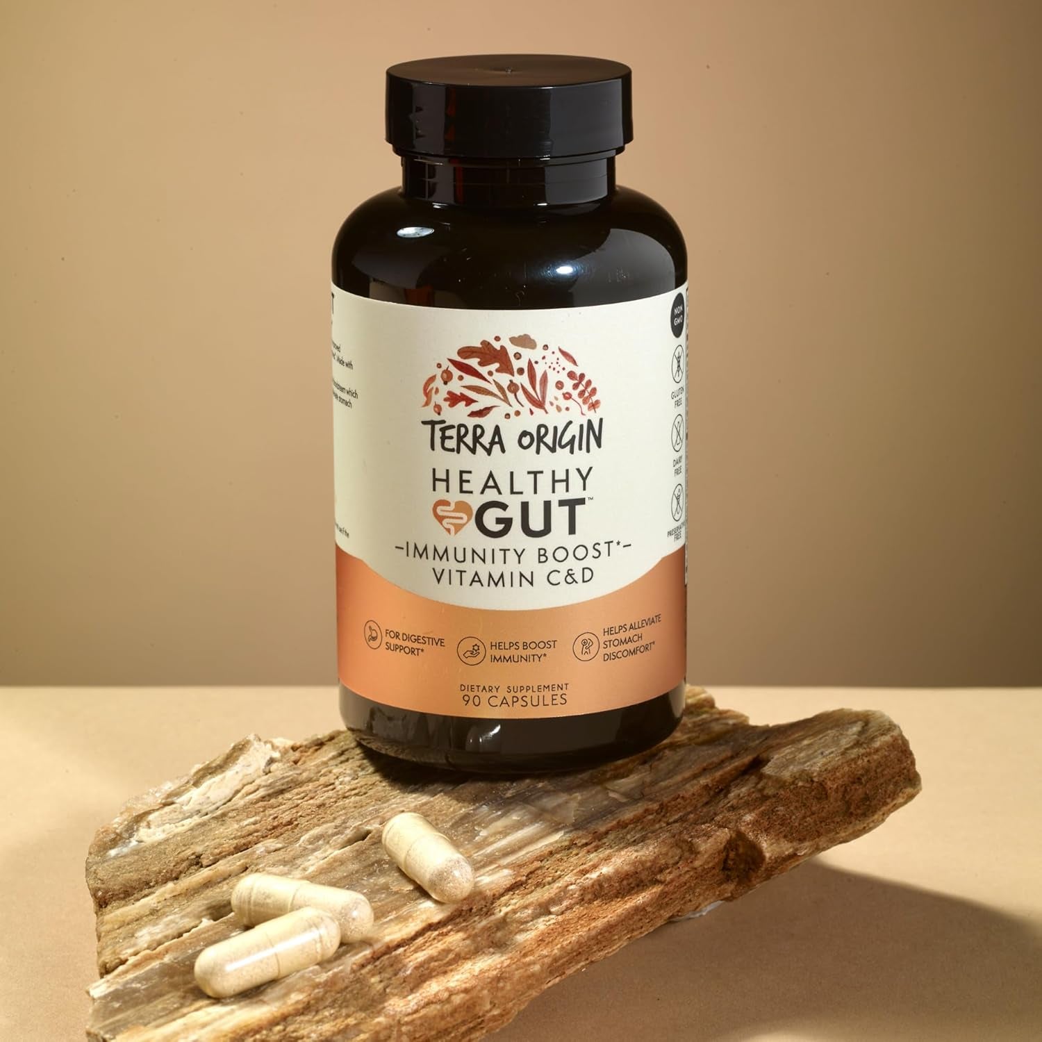TERRA ORIGIN Healthy Gut Capsules with Immunity Boost | 90 Capsules | Non GMO, Gluten Free, Dairy Free | Digestive Support for Men and Women