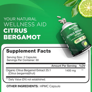 Nutrivein Premium Citrus Bergamot Supplement 1400Mg 25:1 Bergamia Extract - 60 Day Supply (120 Capsules): Powerful Italian Citrus Bergamot 1400 Mg+ High Concentration - Heart and Circulatory System