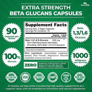 Zazzee Extra Strength 1,3/1,6 Beta Glucans, 1000 Mg, 100% Concentrated, 90 Vegan Capsules, Supports a Healthy Immune System, 100% Vegetarian, All-Natural and Non-Gmo