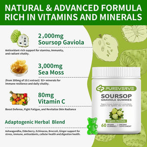 Soursop Graviola Gummies, Max Strength Soursop Leaves Extract with Sea Moss & Zinc for Cell Support & Regeneration, Immunity, Liver and Antioxidant, Sugar/Gluten Free, Vegan - 60 CT