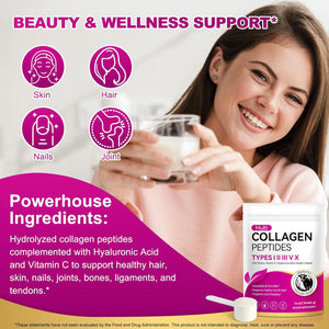 Multi Collagen Peptides Powder,Type I, II, III, V, X,With Biotin,Vitamin C,Hyaluronic Acid,Supports Healthy Joint, Hair, Skin & Nail Support,Grass-Fed, Non-Gmo,16Oz