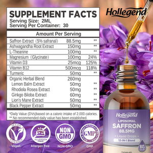 Liposomal Saffron Drops for Kids & Adults, Organic Saffron Supplement W/Magnesium, L-Theanine and Vitamins for Stress, Focus, Vision and Energy Support, Vegan, Natural Lemon Flavor, 2 FL OZ