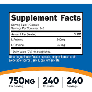 Nutricost L-Arginine L-Citrulline Complex 750Mg, 240 Capsules - Non-Gmo