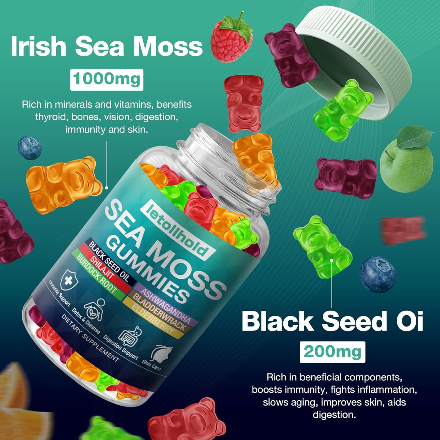 Sea Moss Gummies - Irish Sea Moss Gummies Advanced for Adults with Ashwagandha Bladderwrack & Burdock Root for Supports Immune,Energy - 60 Vegan Gummy,2Pcs
