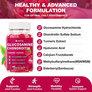 Glucosamine Chondroitin Gummies with MSM & Elderberry Extra Strength 3000MG - Joint Support, Antioxidant Immune Support Supplement for Adults, Men & Women - 90 Raspberry Gummies