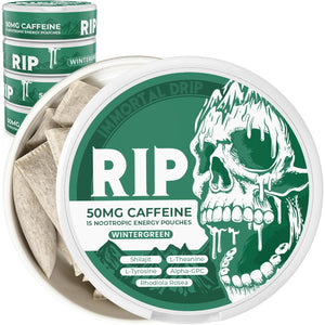 Immortal Drip RIP Nootropic Energy Pouches (Wintergreen) – 5 Cans – 15 Pouches per Can – Clean Energy & Focus Support – 50Mg Caffeine, Shilajit, Alpha-Gpc, L-Tyrosine, Rhodiola