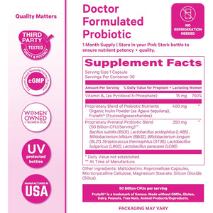 Pink Stork Prenatal Probiotic for Women with 50 Billion CFU | Vitamin B6 & Prebiotics | Pregnancy Probiotics for Morning Sickness | Digestive, Immune, & Gut Health | Vegan & Gluten-Free | 30 Capsules