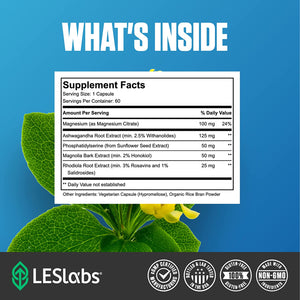 LES Labs Cortisol Health – Stress Relief, Balanced Cortisol Response, Relaxation & Deep Sleep – Phosphatidylserine, Magnesium, Magnolia Bark, Rhodiola Rosea & Ashwagandha – Non-Gmo – 60 Capsules