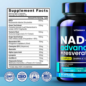 Liposomal NAD+ Supplement Extra Strength | Urolithin A, Resveratrol, Coq10 - Women & Men - ALA, Green Tea, Quercetin, Lycopene | High Purity, Energy & Regeneration - Made in USA – 60Ct