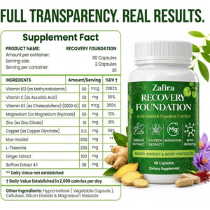 Zafira Recovery Foundation Capsules – Mental Clarity, Hair & Mood Support, Natural Herbal Formula with Saffron Extract, Ginger Extract, L-Theanine, Myo-Inositol, Non-Gmo, 60 Capsules