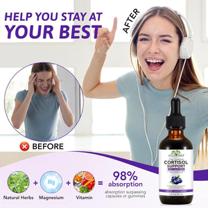 NIFEISHI Cortisol Reducer & Manager Liquid Drops for Women & Men | Cortisol Supplements with Ashwagandha & Magnesium | 9-In-1 Stress & Mood Support, Blueberry Flavor-2.02 Floz