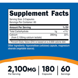 Nutricost Calcium Lactate 2,100Mg; 180 Capsules - Vegan, Non-Gmo and Gluten Free, 60 Servings