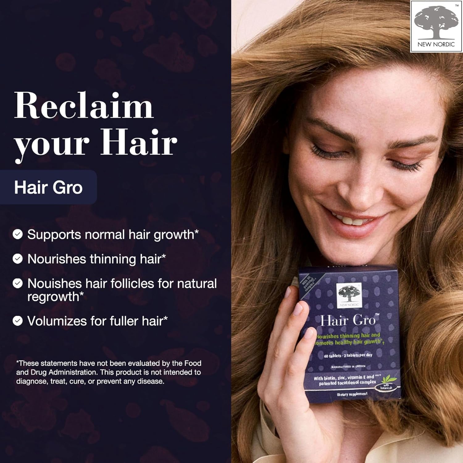 NEW NORDIC Hair GRO, Hair Growth Supplement, Biotin & Palm Fruit Extract Tocotrienols for Natural Regrowth, 60 Count (Pack of 3)