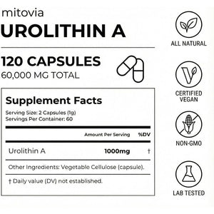 Urolithin a 1000Mg Supplement - 99.9% High Purity for Cellular Vitality, Longevity & Muscle Support - 120 Capsules, 60-Day Supply - Non-Gmo, Third Party Tested