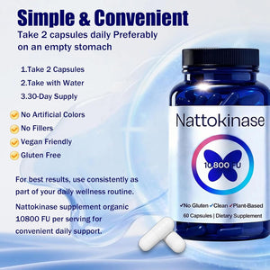 Nattokinase Supplement with 10,800 Fu,Ultimate Nattokinase Supplement Organic,Odorless Fermented Soy Enzyme, Vegan, Gluten Free, Easy Daily Routine, 60 Capsules (1Pc)