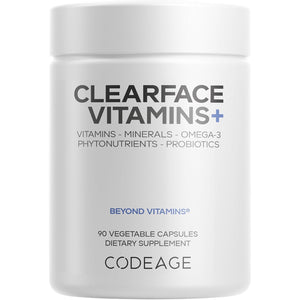 Codeage Clearface Pantothenic Acid, Niacin Supplement, Vitamins A, C, D3, E, Probiotics, Zinc, Riboflavin, Thiamin, L-Lysine HCL & Omega-3, Niacinamide, Skin Botanical Blend - Non-Gmo - 90 Capsules
