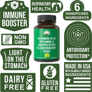 Peak Performance Immune Support Supplement - 6 Top Ingredients Vitamin D3 K2, Vitamin C, Elderberry, Zinc, Quercetin - Includes 5000 IU Vitamin D - Immunity Capsules - Supplements for Women and Men
