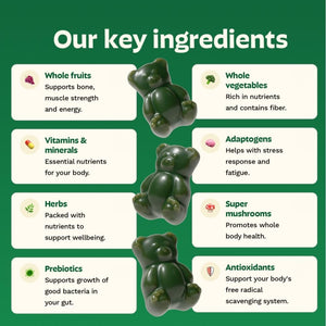 Gruns Adult Super Greens Multivitamin Gummies, Superfood Gummy Vitamins for Women and Men with Spirulina, Chlorella, Adaptogens & Prebiotic Fiber for Digestive Health (28 Count)