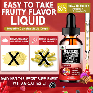 Berberine Drops, High Absorption 6-In-1 Liquid Berberine Supplement with Ceylon Cinnamon Milk Thistle Turmeric, Premium Berberine Hcl for Immune Function Metabolic & Digestive Support, 30 Servings